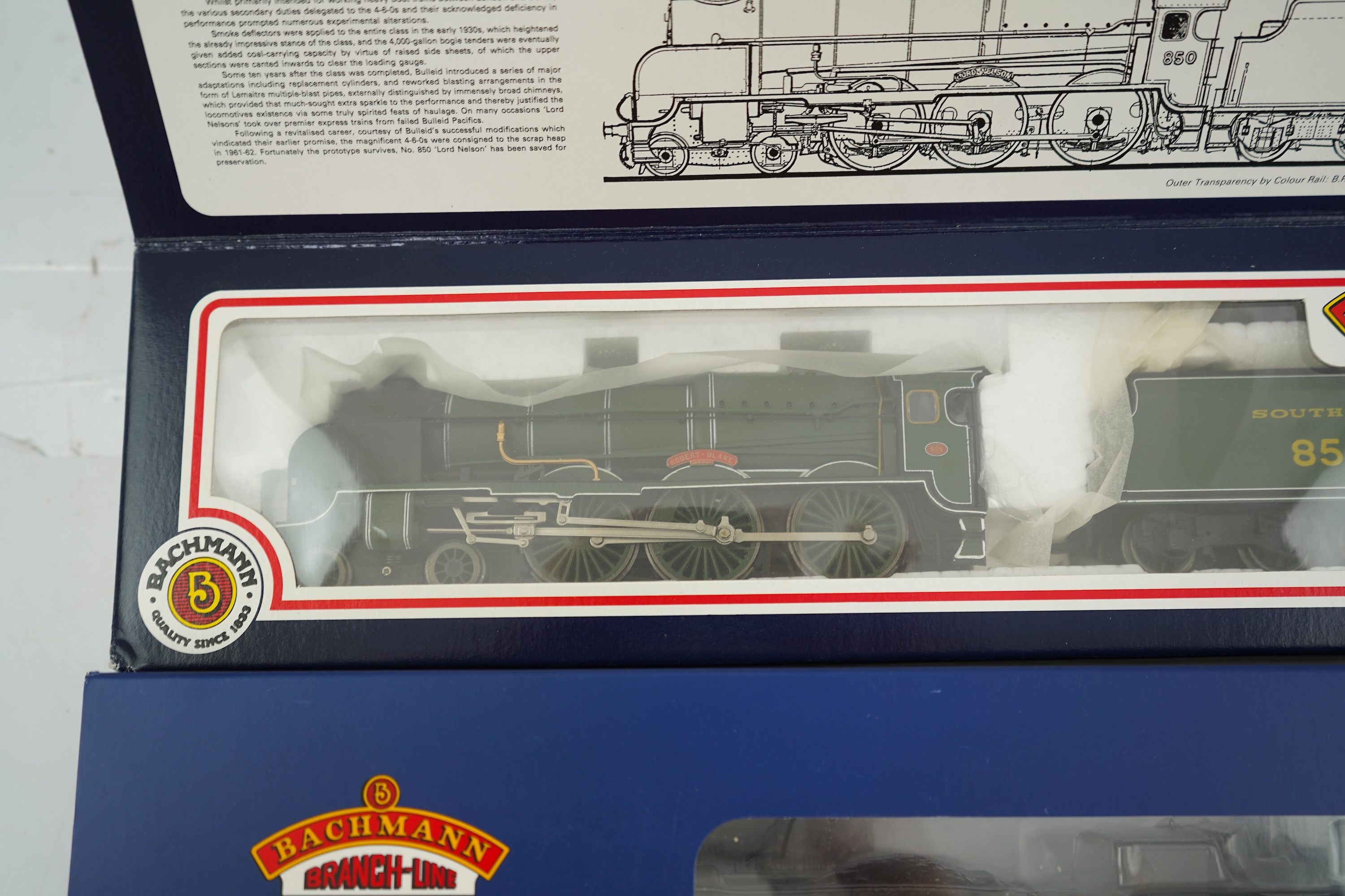 Two boxed Bachmann Branchline 00 gauge railway Southern Railway tender locomotives; a Lord Nelson class, Robert Blake 855 (31-404), together with a C class 1256 (31-461)